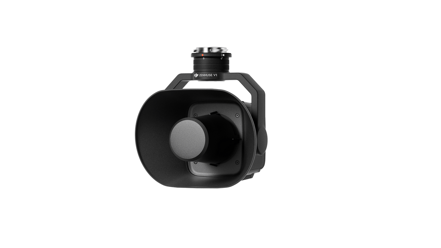The DJI Zenmuse V1 speaker on a left-facing angle.