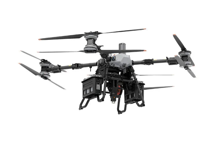 DJI FlyCart 100 at an upward angle showcasing the bottom of the drone